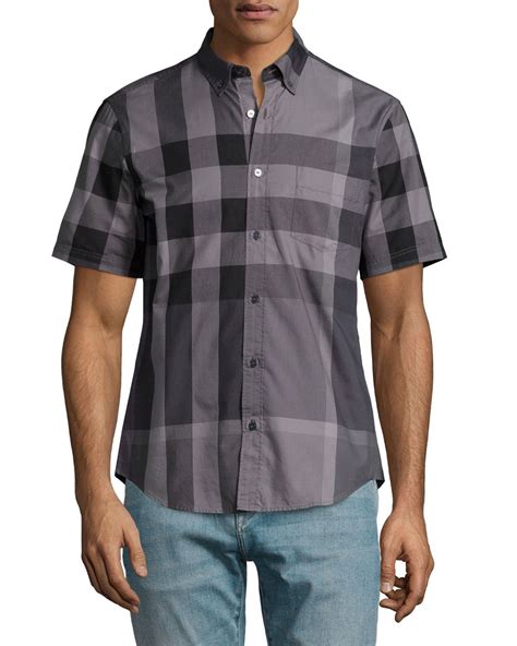 Burberry Brit men's long sleeve charcoal exploded check button 